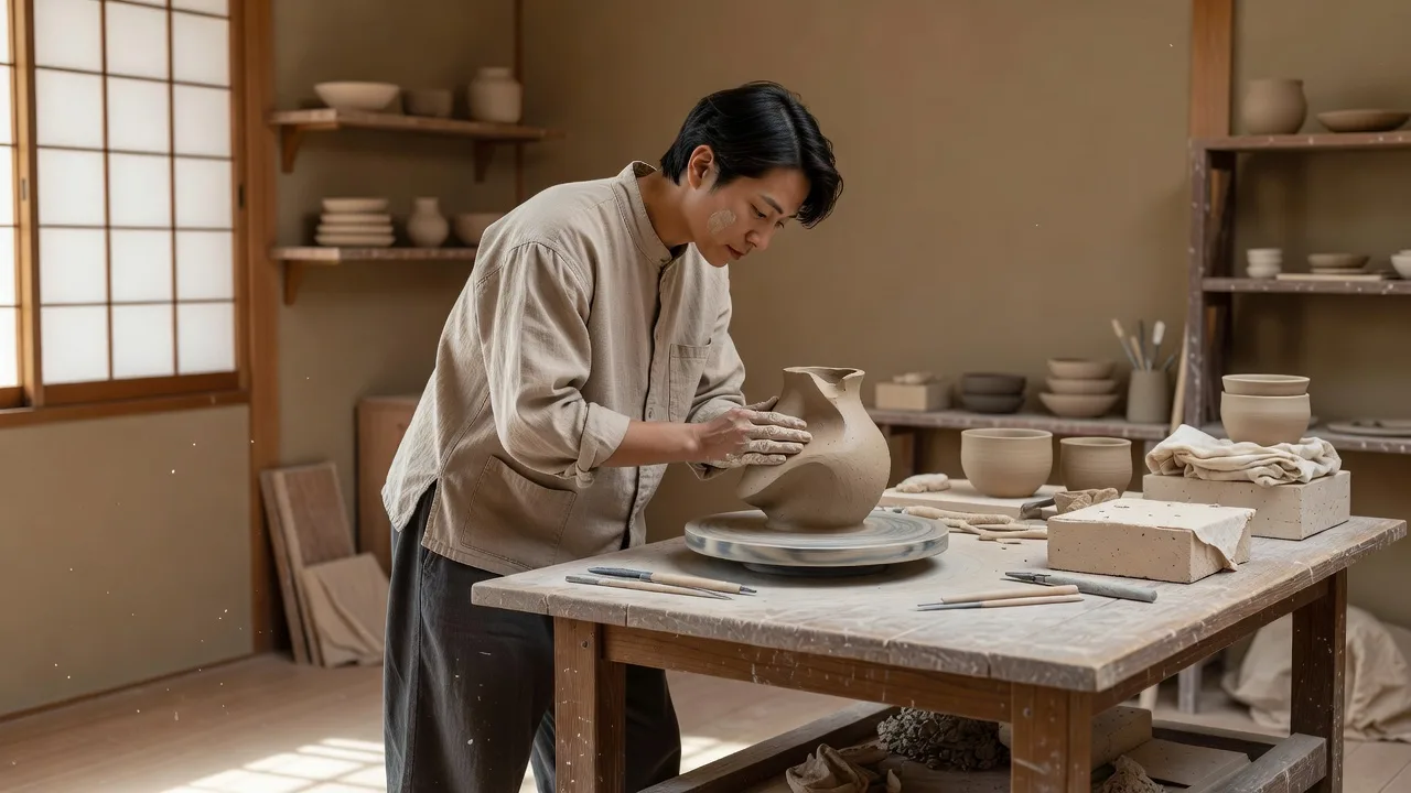 静かなスタジオで制作する作家