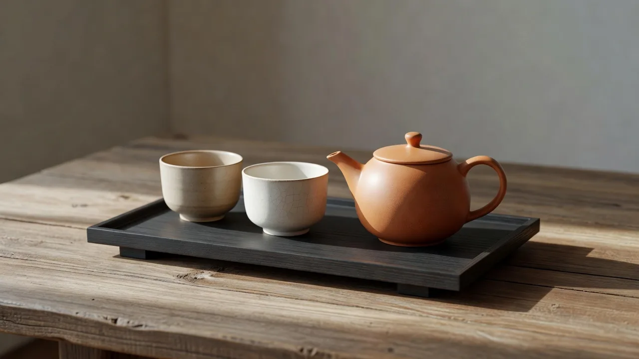 木のトレイに置かれた陶器の茶器セット