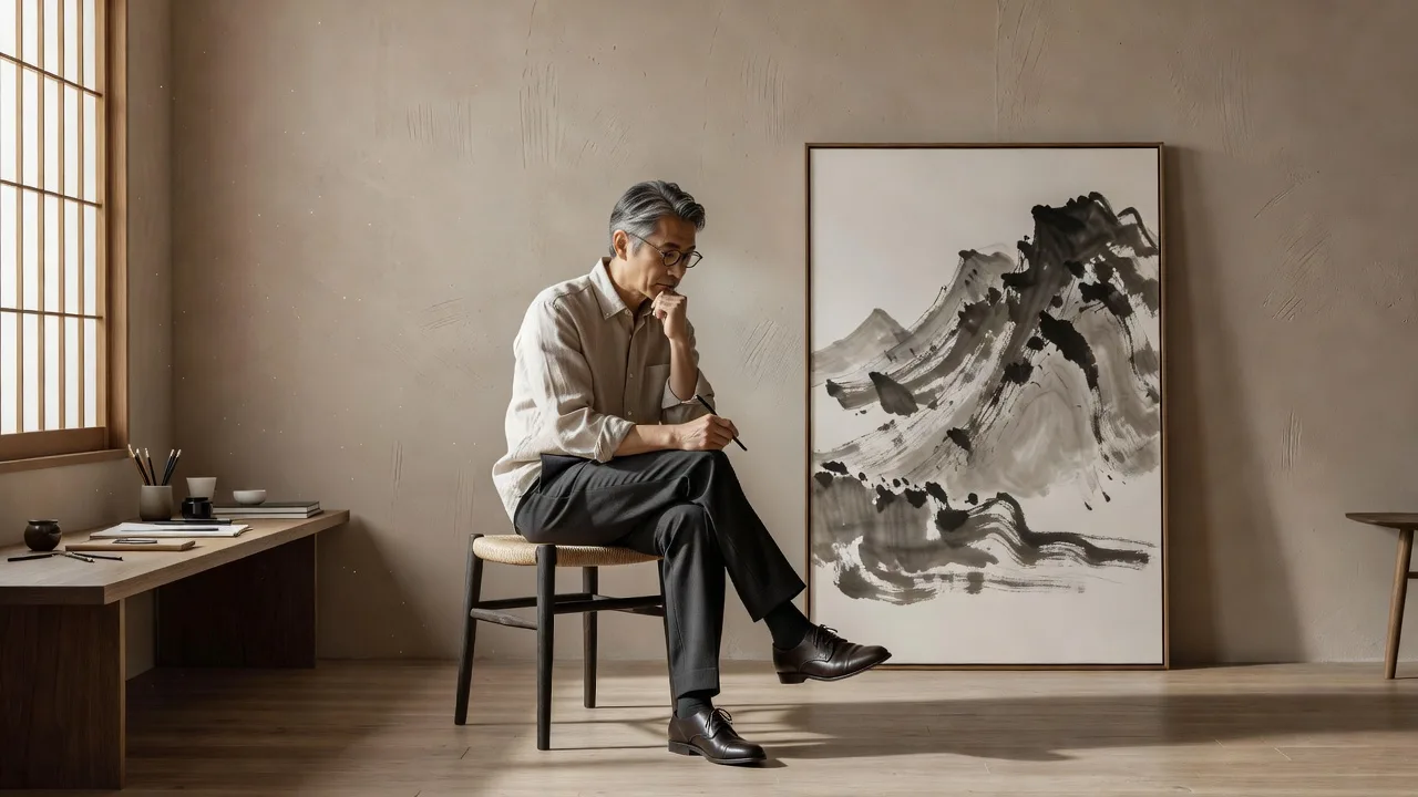 スタジオでの創作風景ポートレート